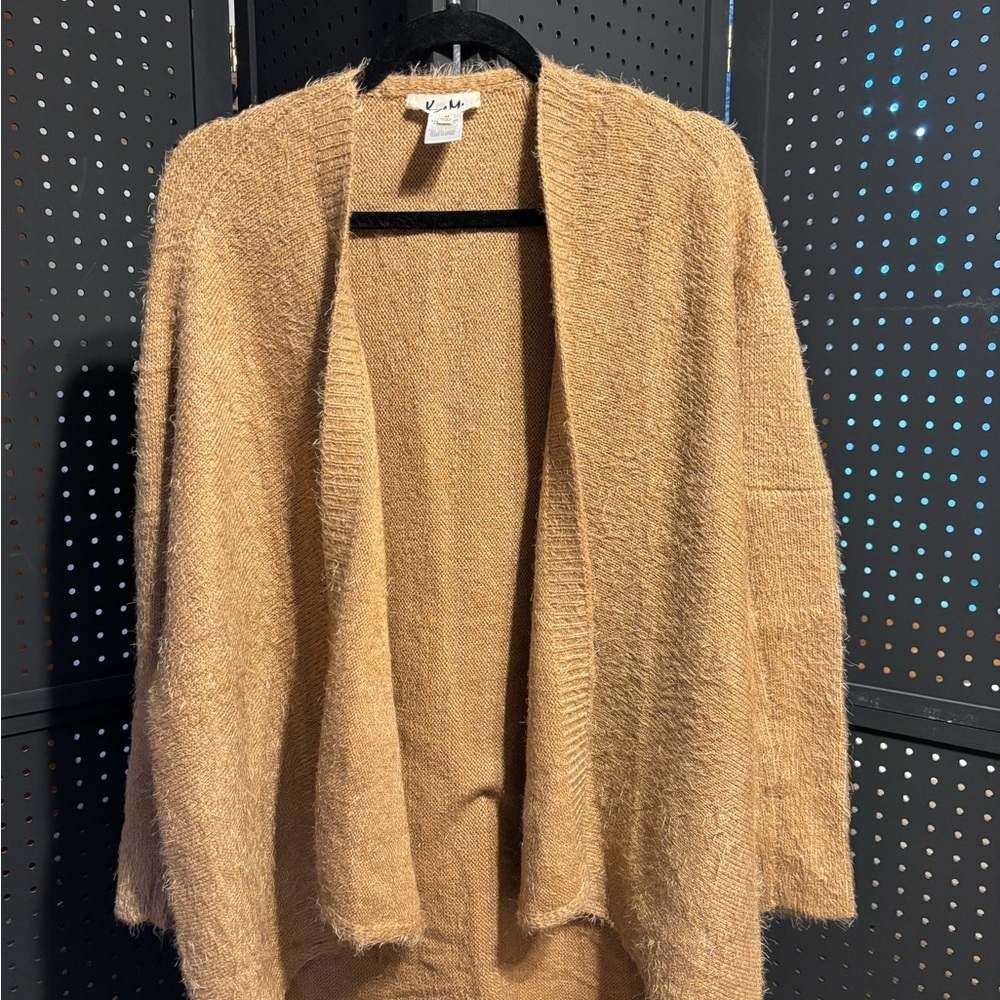 Kye Mi Fuzzy Open Front Cardigan Sweater Tan Medium Soft Cozy